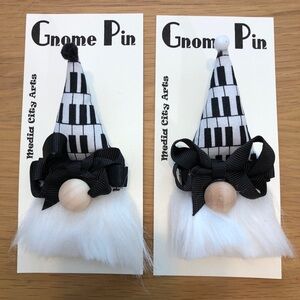 Piano Keys Gnome Pin Brooch Handmade Gift Guide Bow Magnetic Musical B&W Pianist